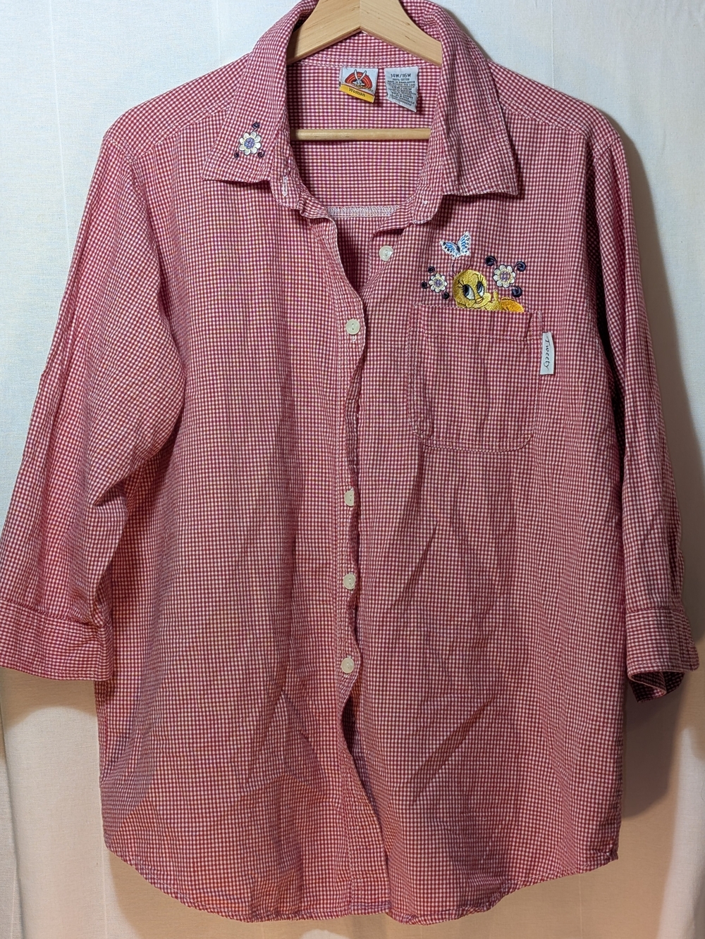 Looney Tunes Tweety Embroidered Red Gingham Women's Shirt